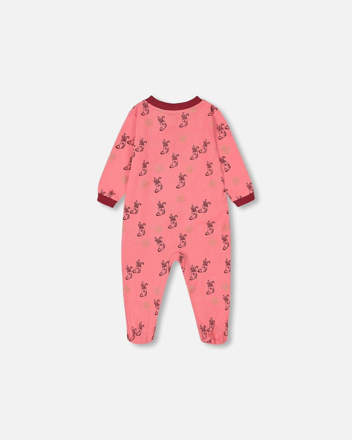 Organic Cotton One Piece Pajama Pink Christmas Stocking Print