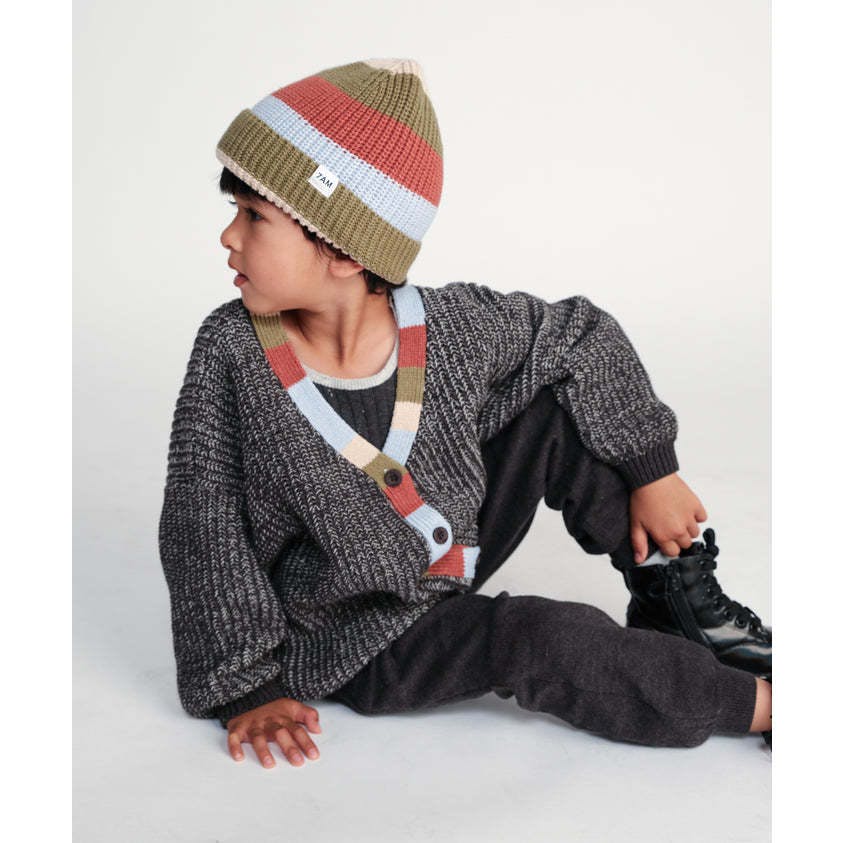Chunky Ribbed Knit Striped Elastic Fit Beanie Hat