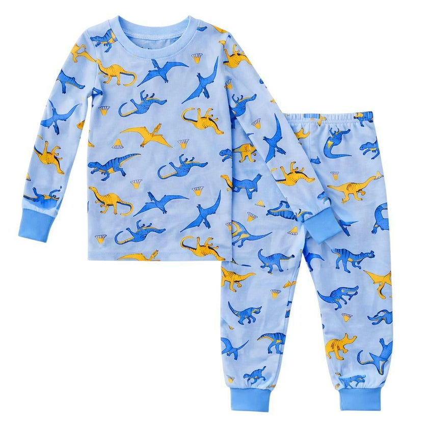 Kids and Toddlers Boys Blue Dinosaurs Long Sleeve Snug Fitted Soft Pajamas Set