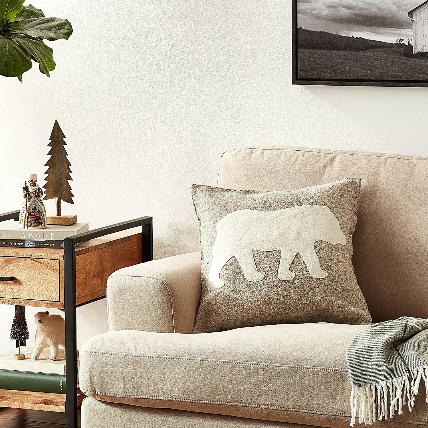 Hand Felted Wool Pillow - Cream Bear Silhouette Gray - 20