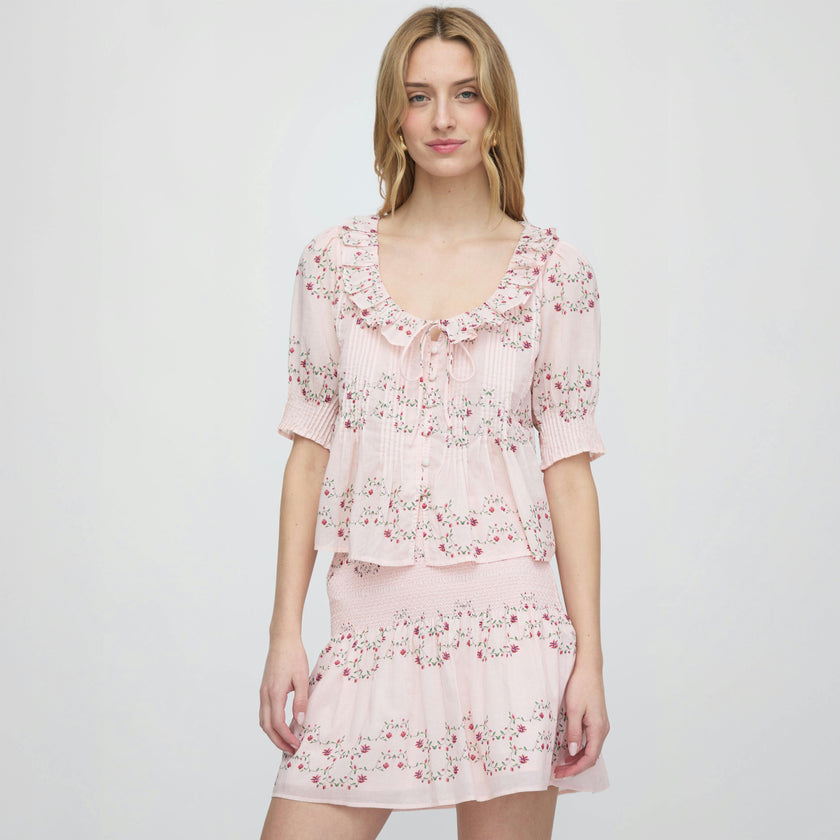 The Camri Top - Pink Floral Vine Scallop