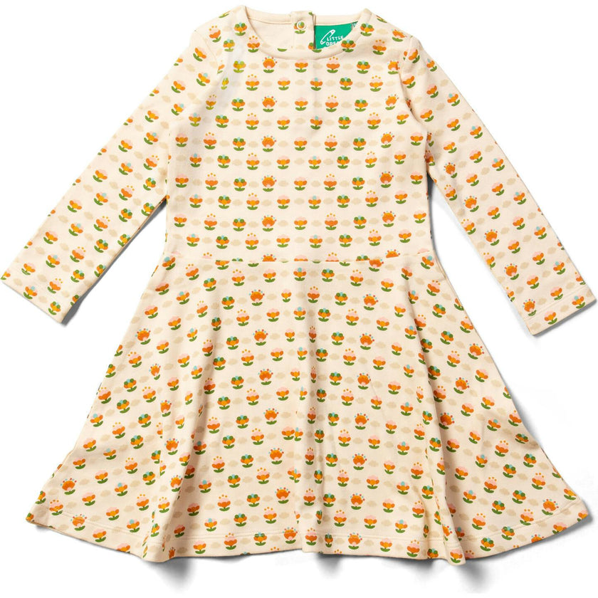 Corduroy Lined Long Sleeve Wide Circular Spinny Skirt Dress, Cream