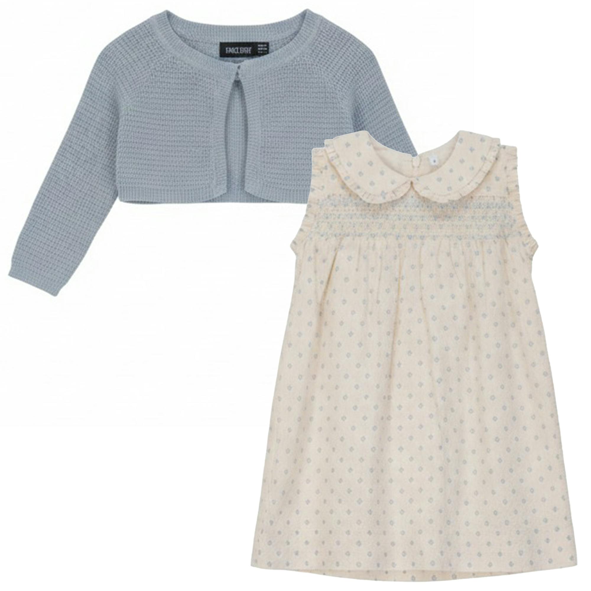 Printed Gauze Shoulder Ruffle Dress With Cardigan Set