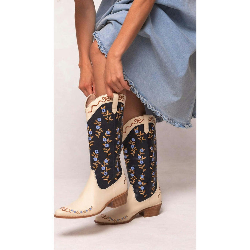 Rosemary Cowgirl Boots in Cream & Navy