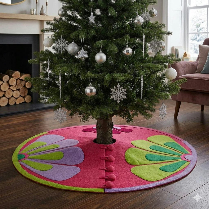 Handmade Retro Flowers Pink Christmas Tree Skirt Felt 60"