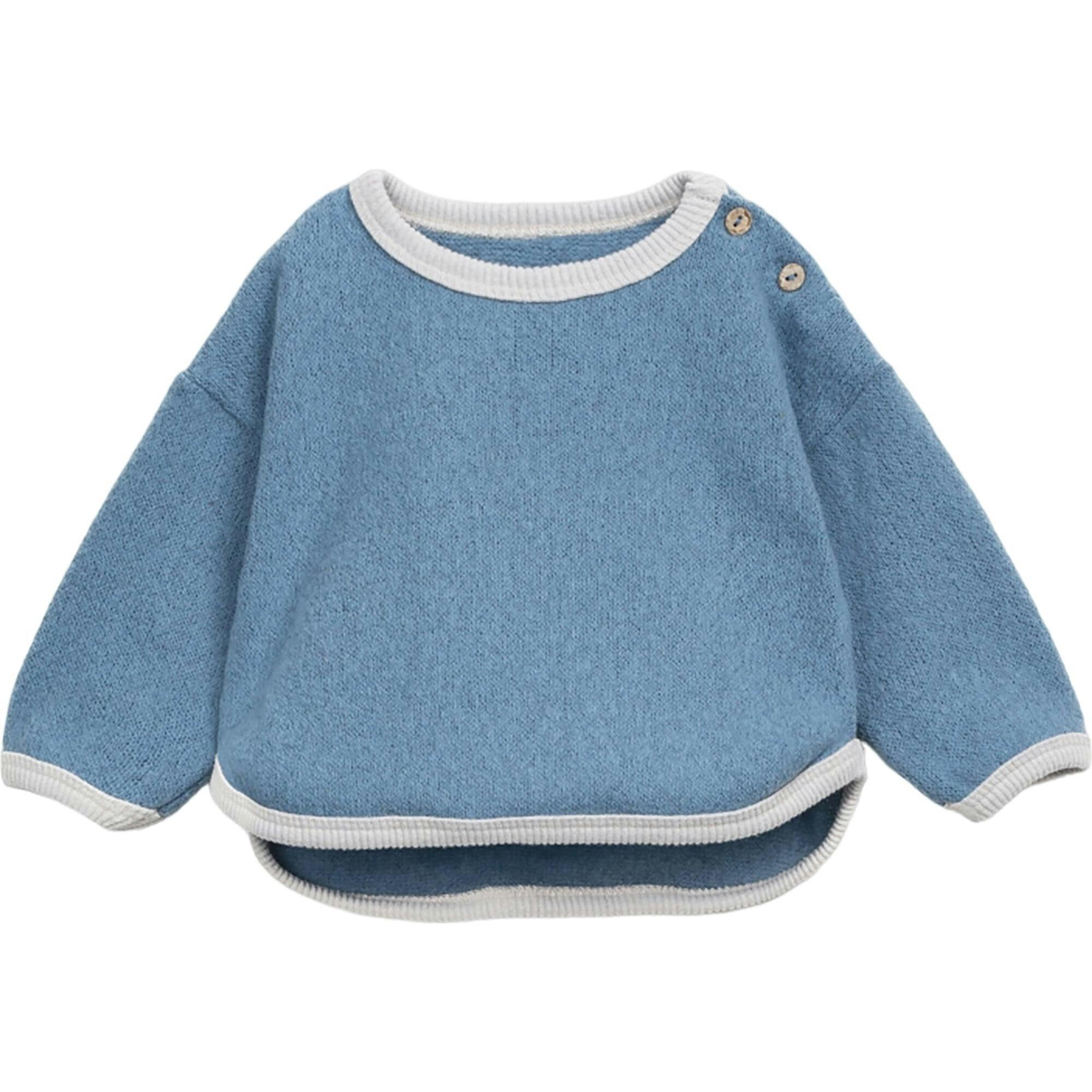 Contrast Trim Crew Neck Long Sleeve 2-Button Shoulder Sweatshirt