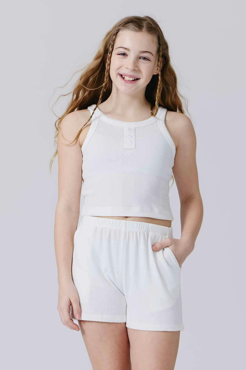 Girls Pointelle Tank in Bright White