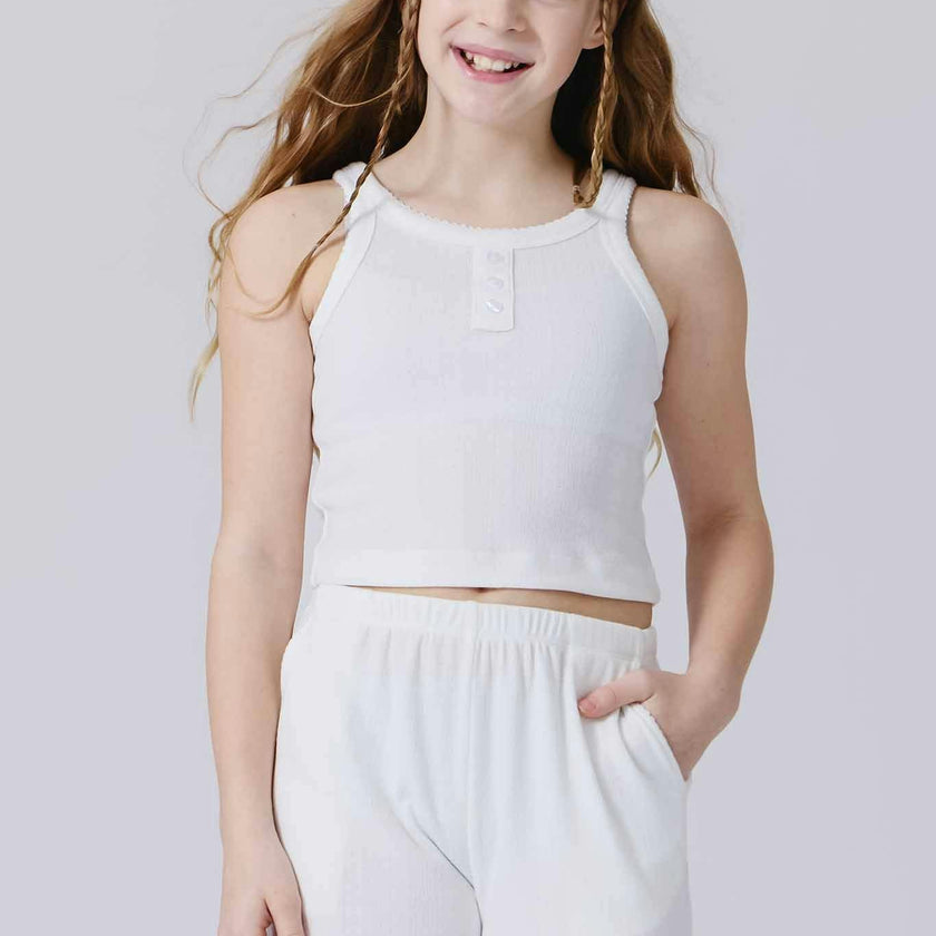 Girls Pointelle Tank in Bright White