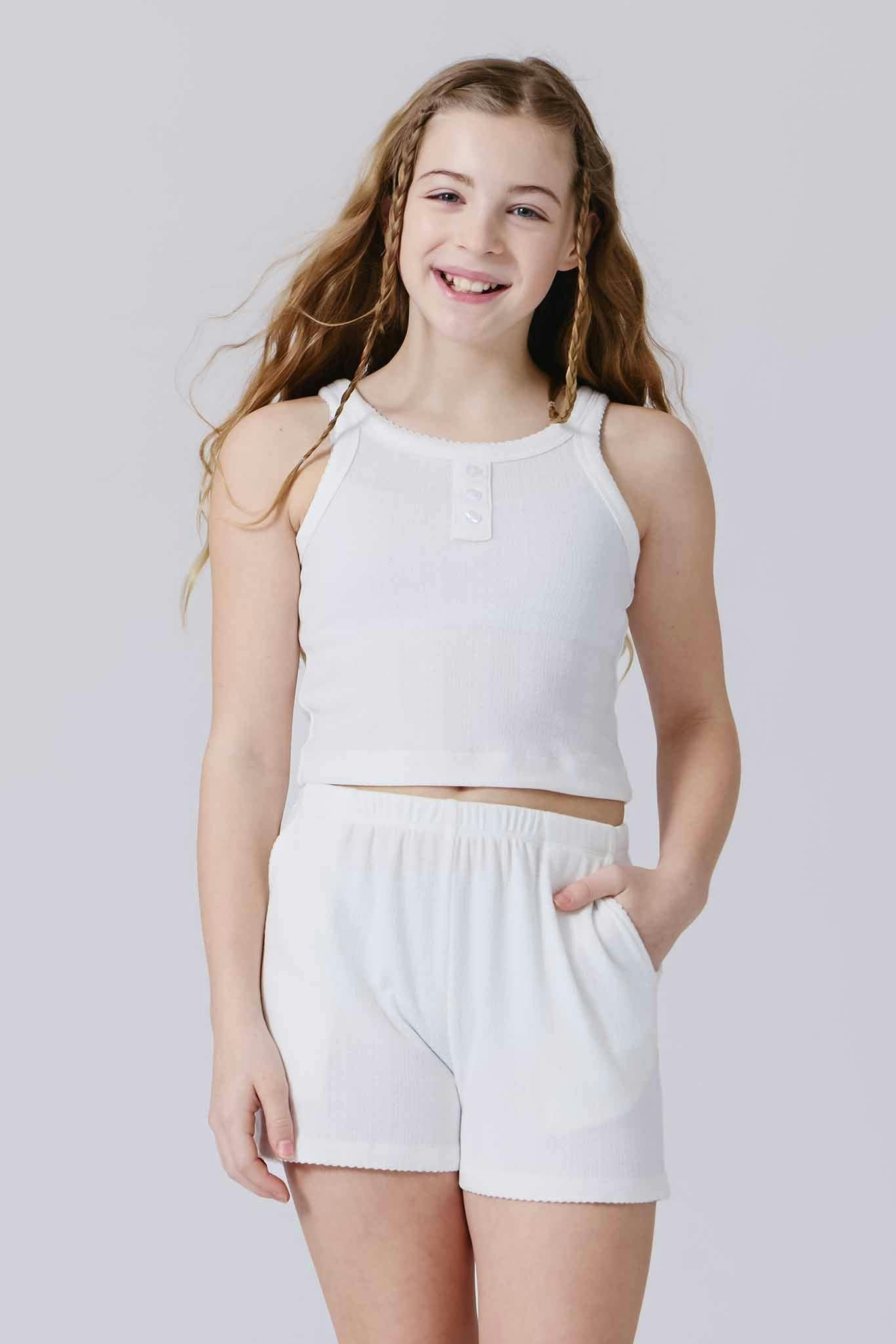 Girls Pointelle Tank in Bright White