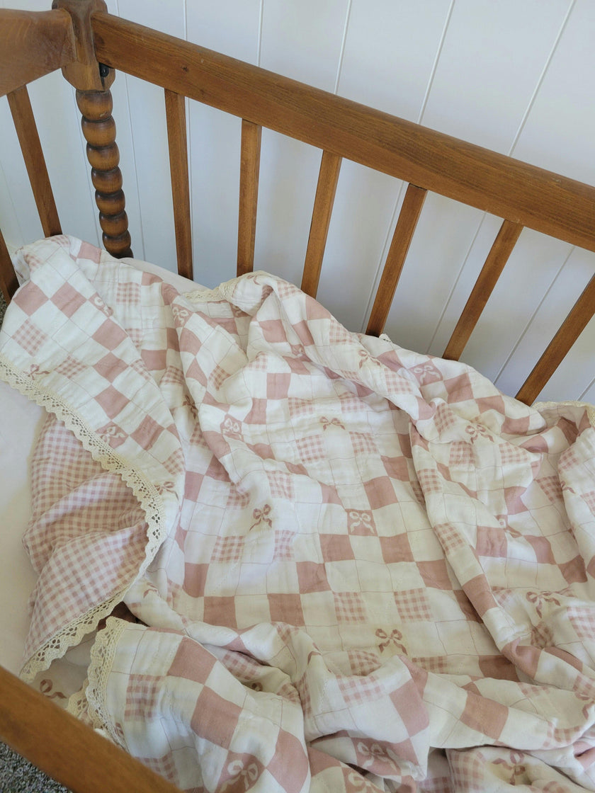 Pink Bows and Gingham QUILTED 6 Layer Gauze Blanket