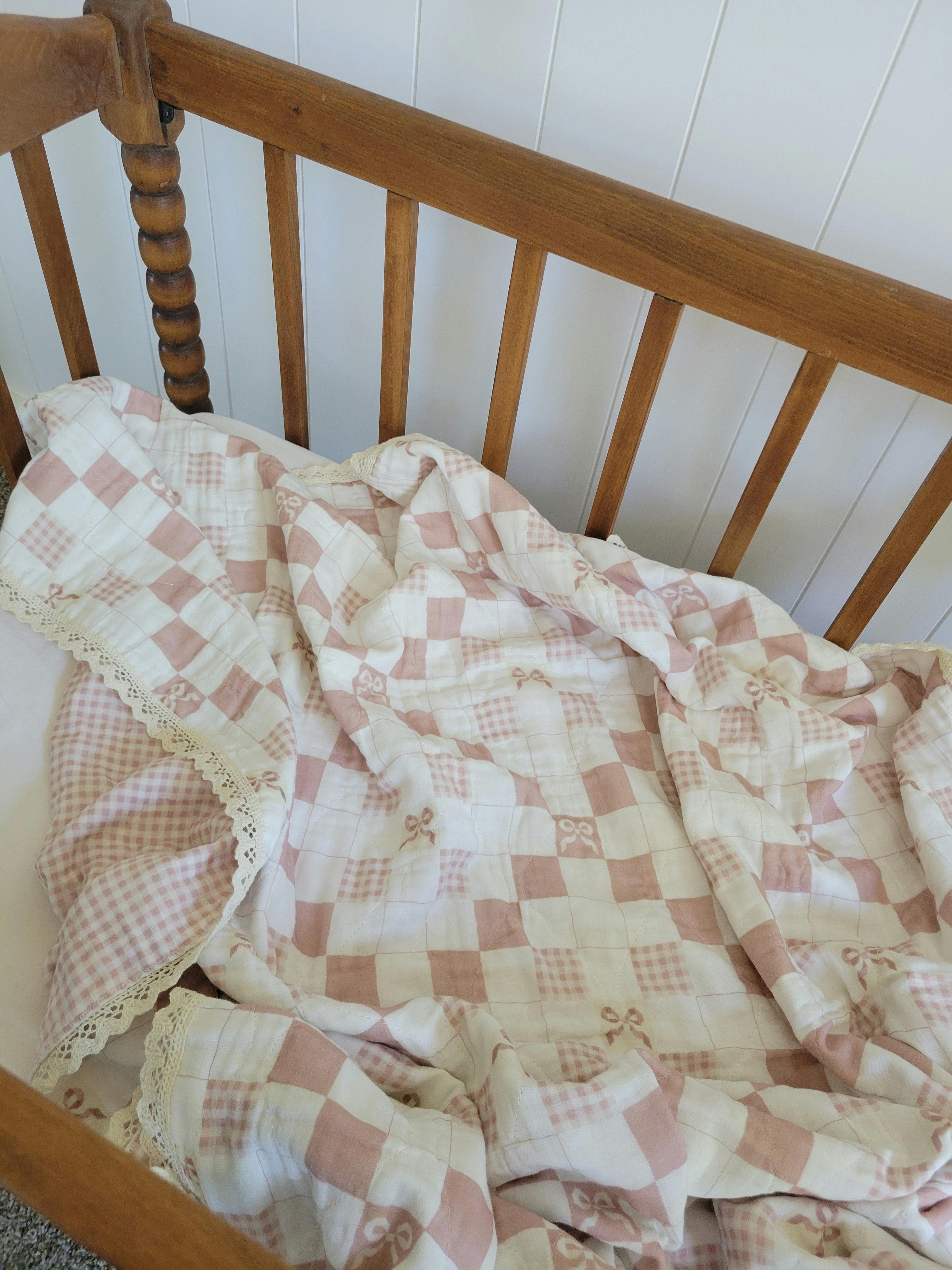 Pink Bows and Gingham QUILTED 6 Layer Gauze Blanket