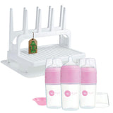 PopYum 9 oz Pink Formula Making Baby Bottle 3-Pk with White Drying Rack & Clear Drying Mat Bundle
