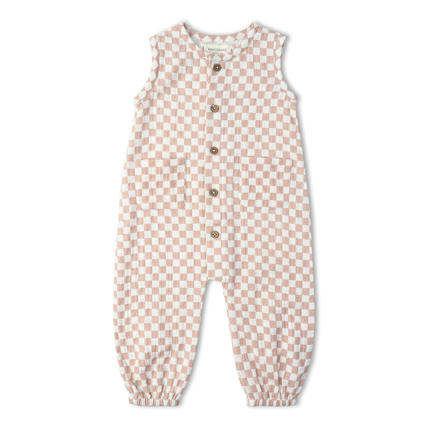Organic Buttoned Jumpsuit - Brick Checks