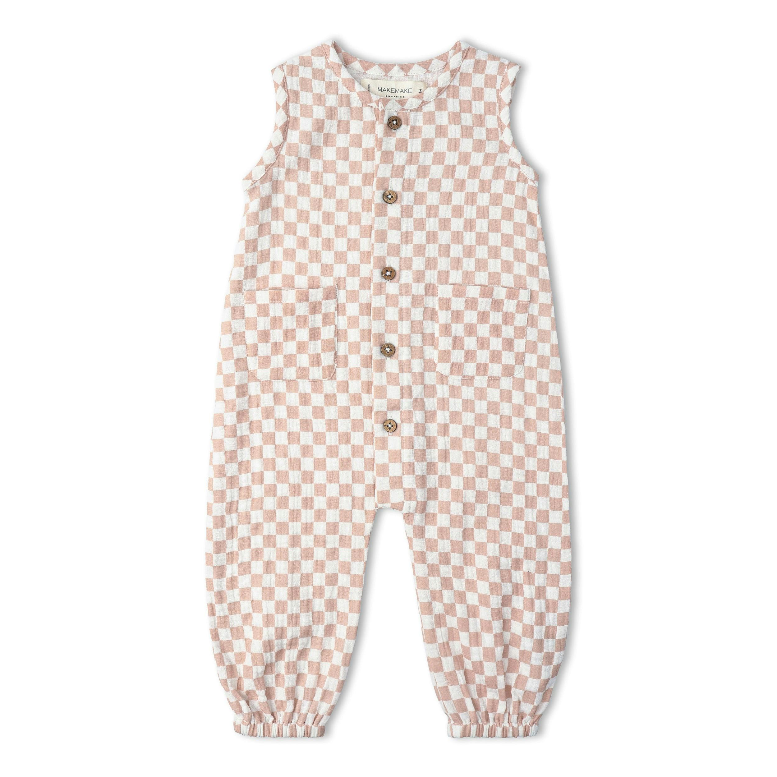 Organic Buttoned Jumpsuit - Brick Checks