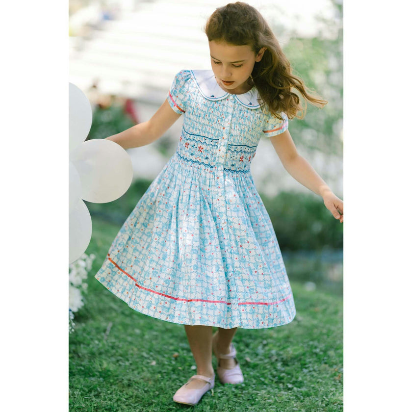 Riviera Blue Floral Short Sleeve Smocked Dress