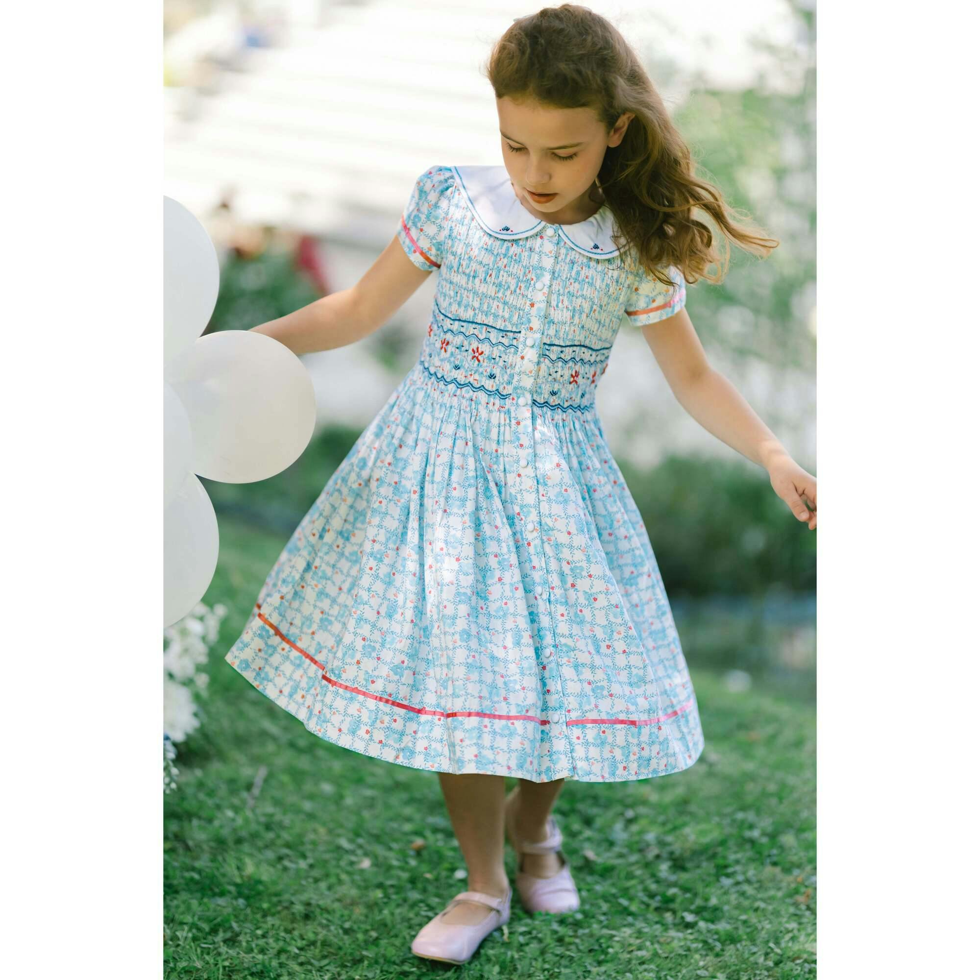 Riviera Blue Floral Short Sleeve Smocked Dress