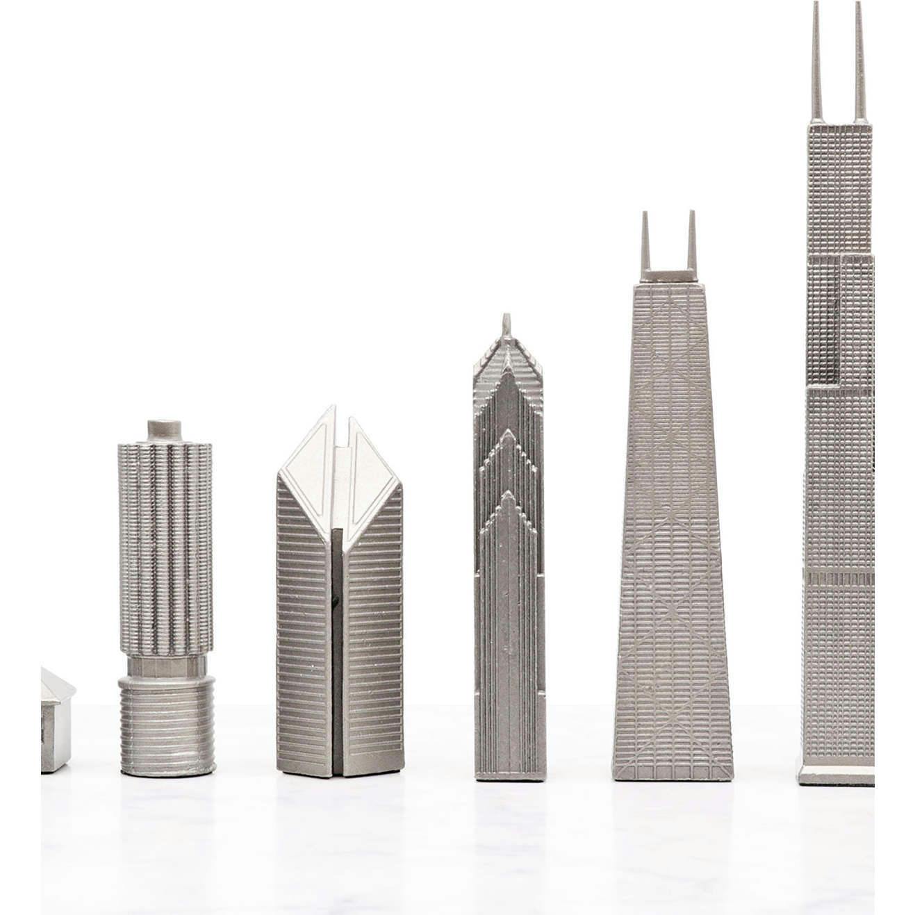 Chess Set Stainless Steel CHICAGO with Wood Map Board