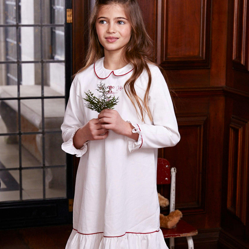 Girl's White Sophia Nightgown with Red Piping