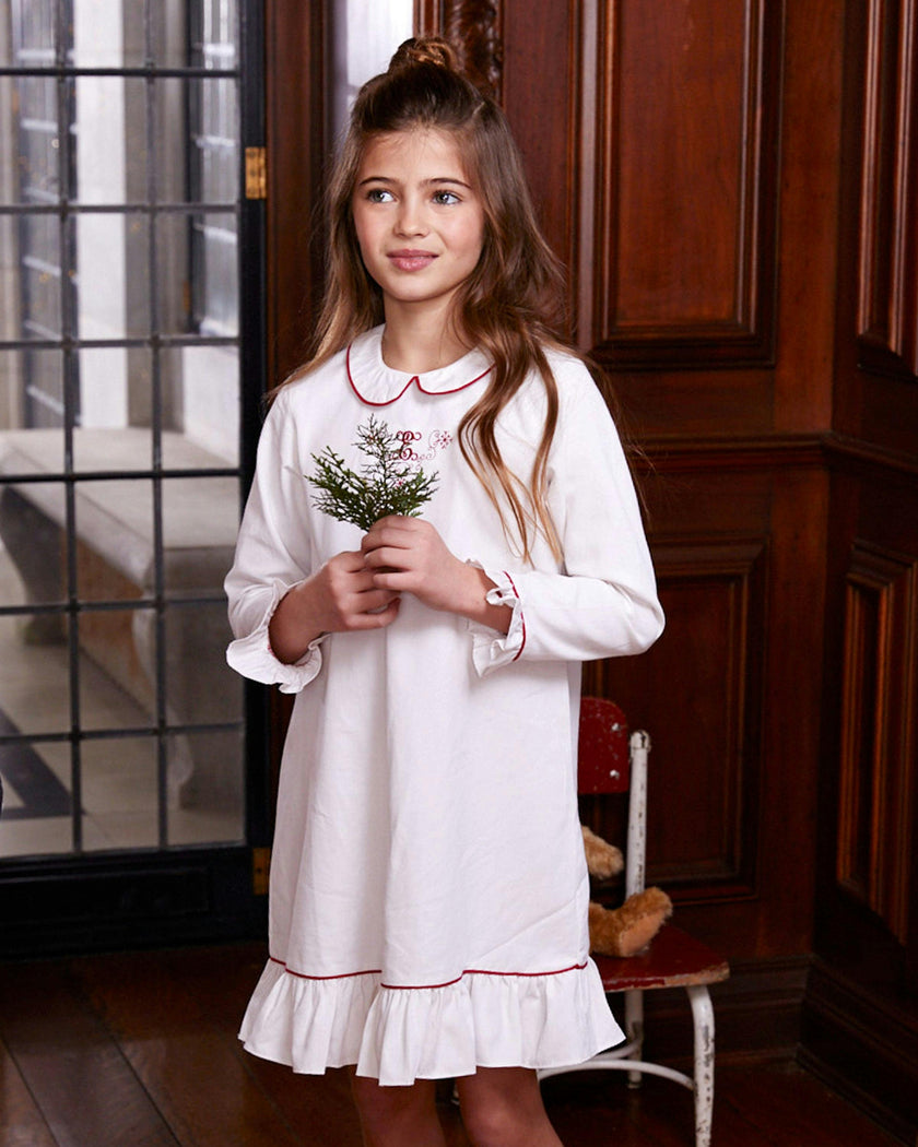Girl's White Sophia Nightgown with Red Piping