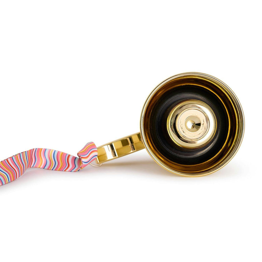 Packed Party Party Starter Gold Mini Megaphone - Shiny Gold with Pink Red Rickrack Strap, Battery Operated Party Megaphone for Bachelorettes and Birthdays