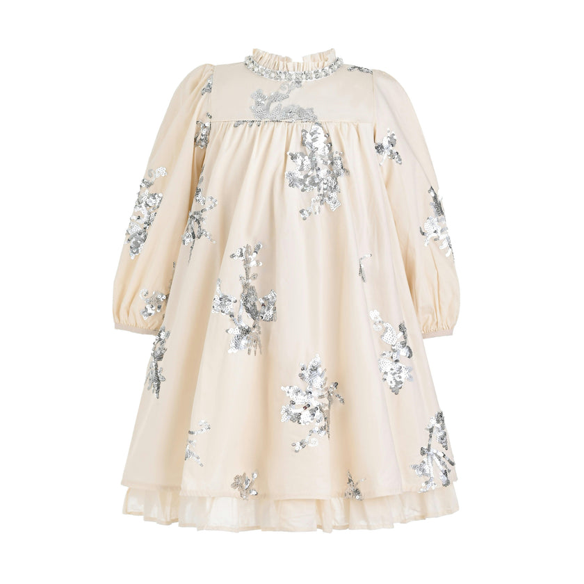 Cream Silver Floral Appliqué Dress