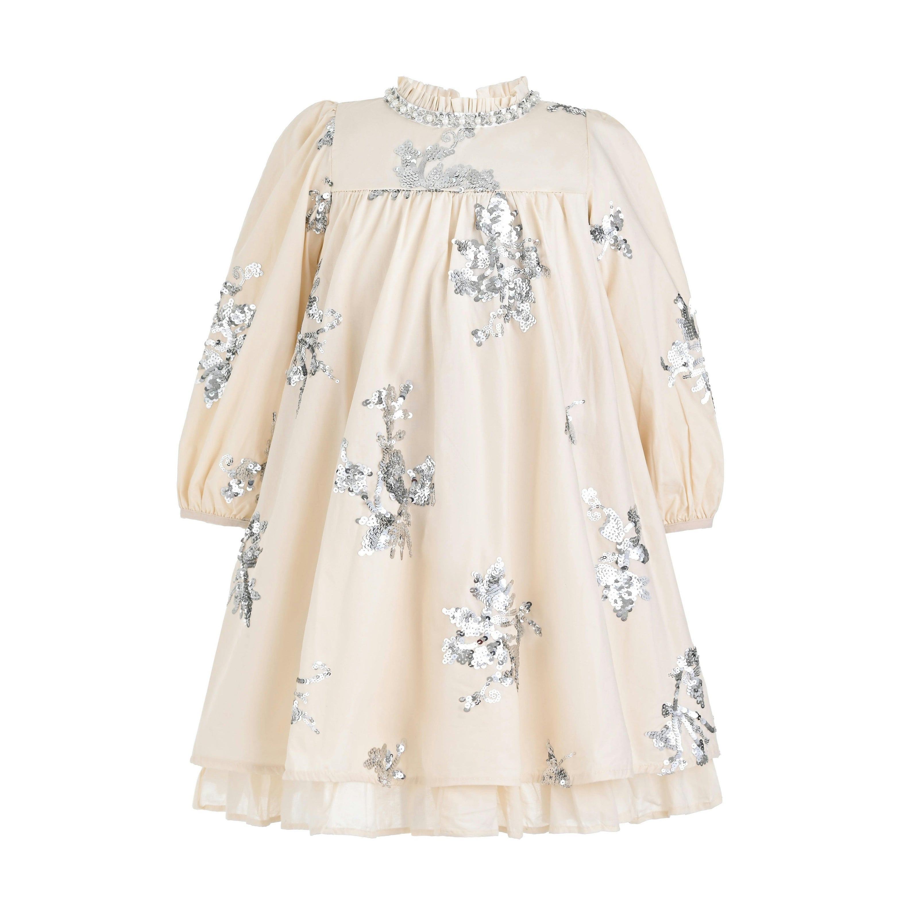 Cream Silver Floral Appliqué Dress