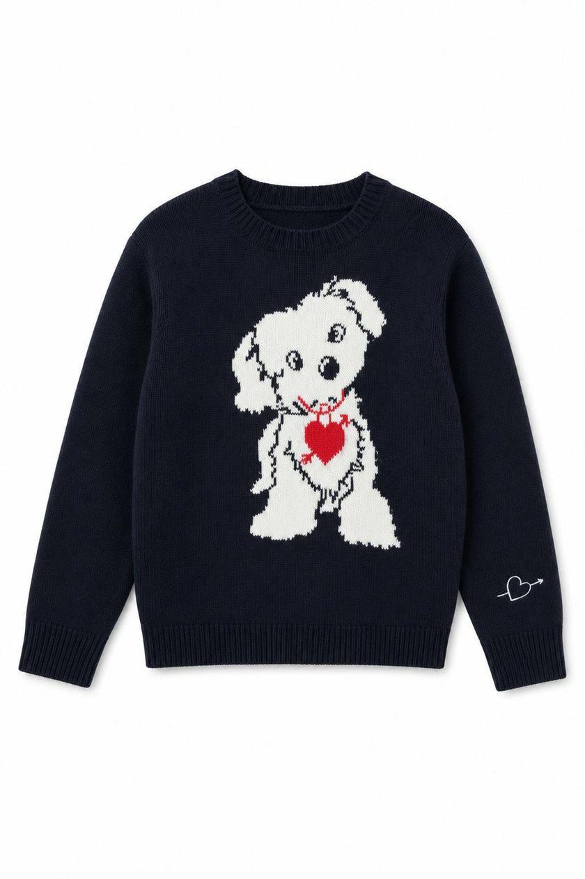 Tiegan Navy Puppy Graphic Graphic Sweater