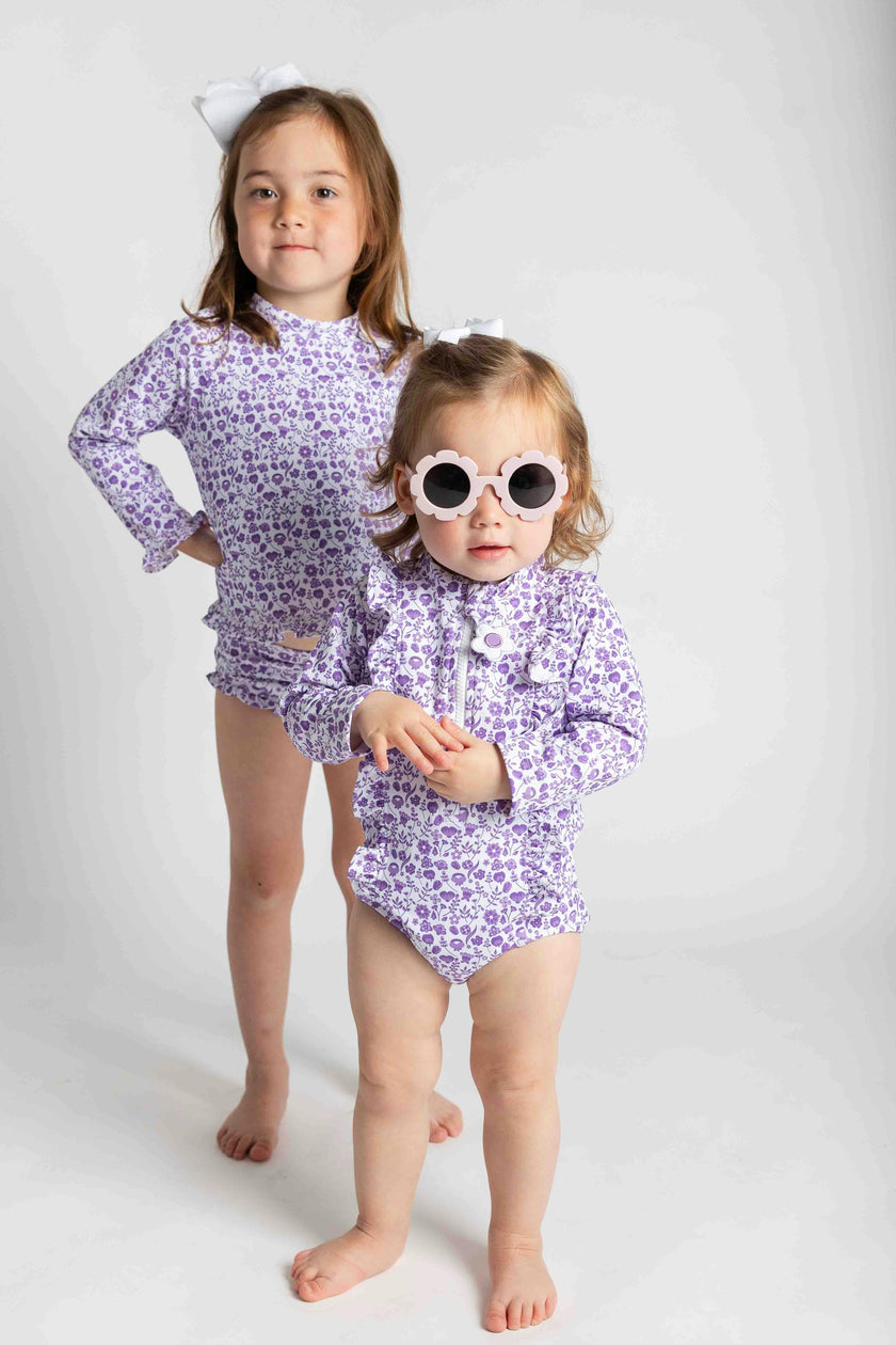 Floral Print One Piece Rashguard with Ruffles