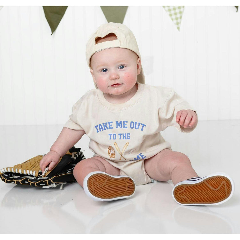 Take Me Out To The Ballgame Short Sleeve Romper - Natural