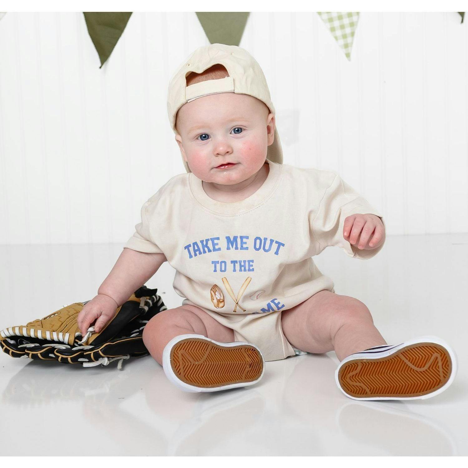 Take Me Out To The Ballgame Short Sleeve Romper - Natural