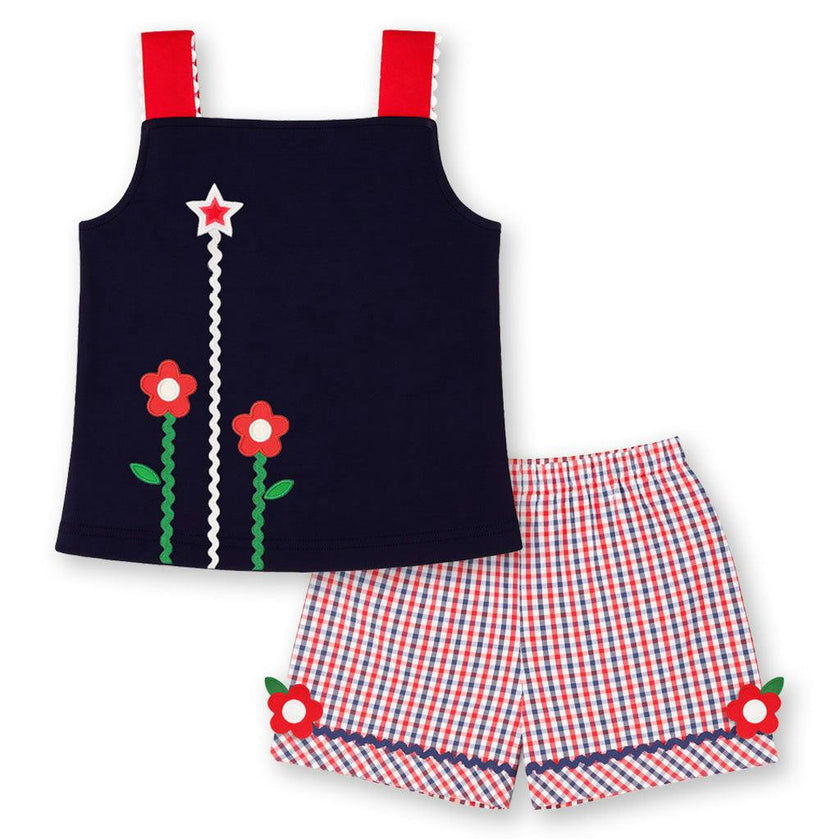 Plaid Seersucker Shorts With Ric Rac & Flowers