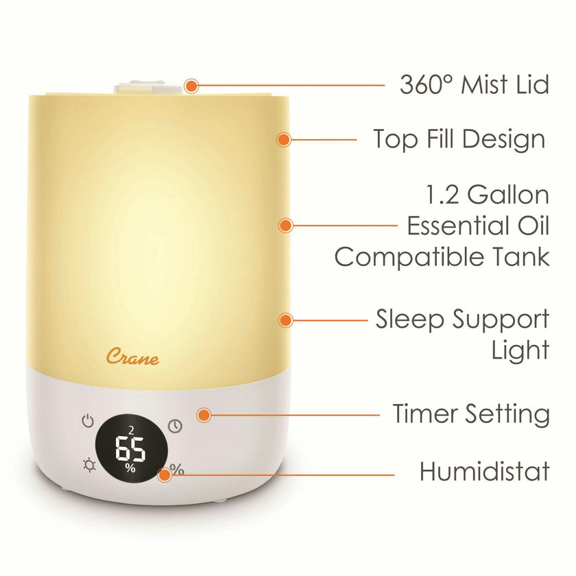 Top Fill Cool Mist Humidifier, 1.2 Gallon with Sleep Support Light & Essential Oil Tray