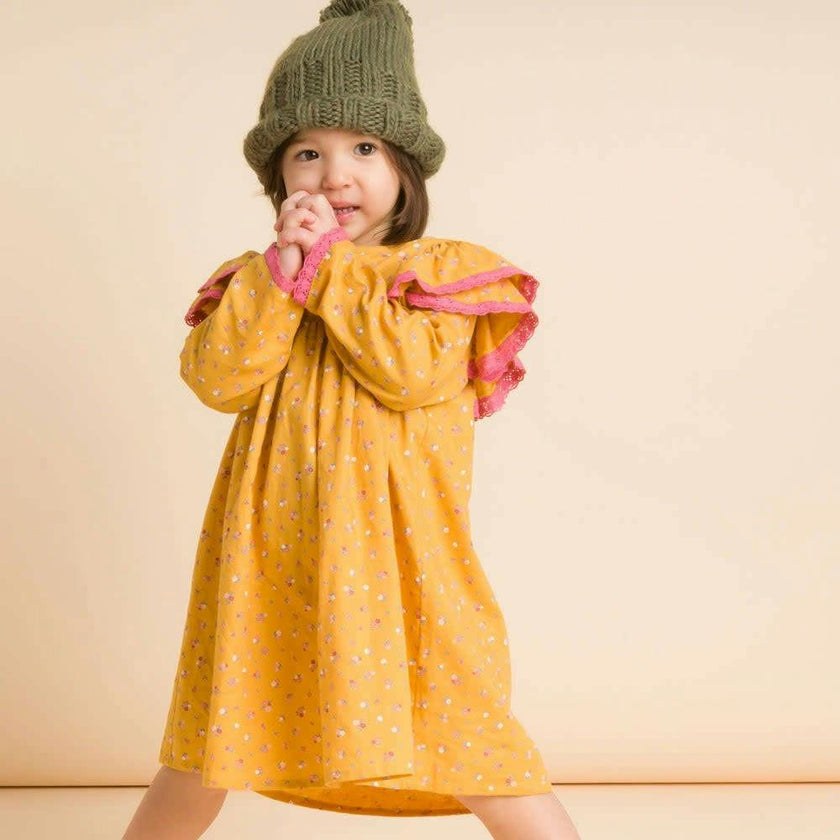 Toddler Long Flutter Sleeves Dress with Lace Trim