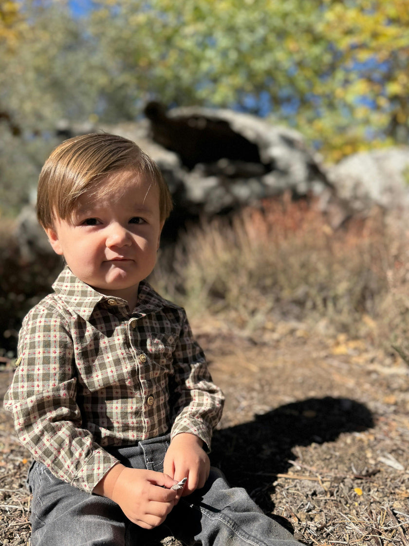 JASPER Sage/Rust Stitch Plaid Woven Onesie