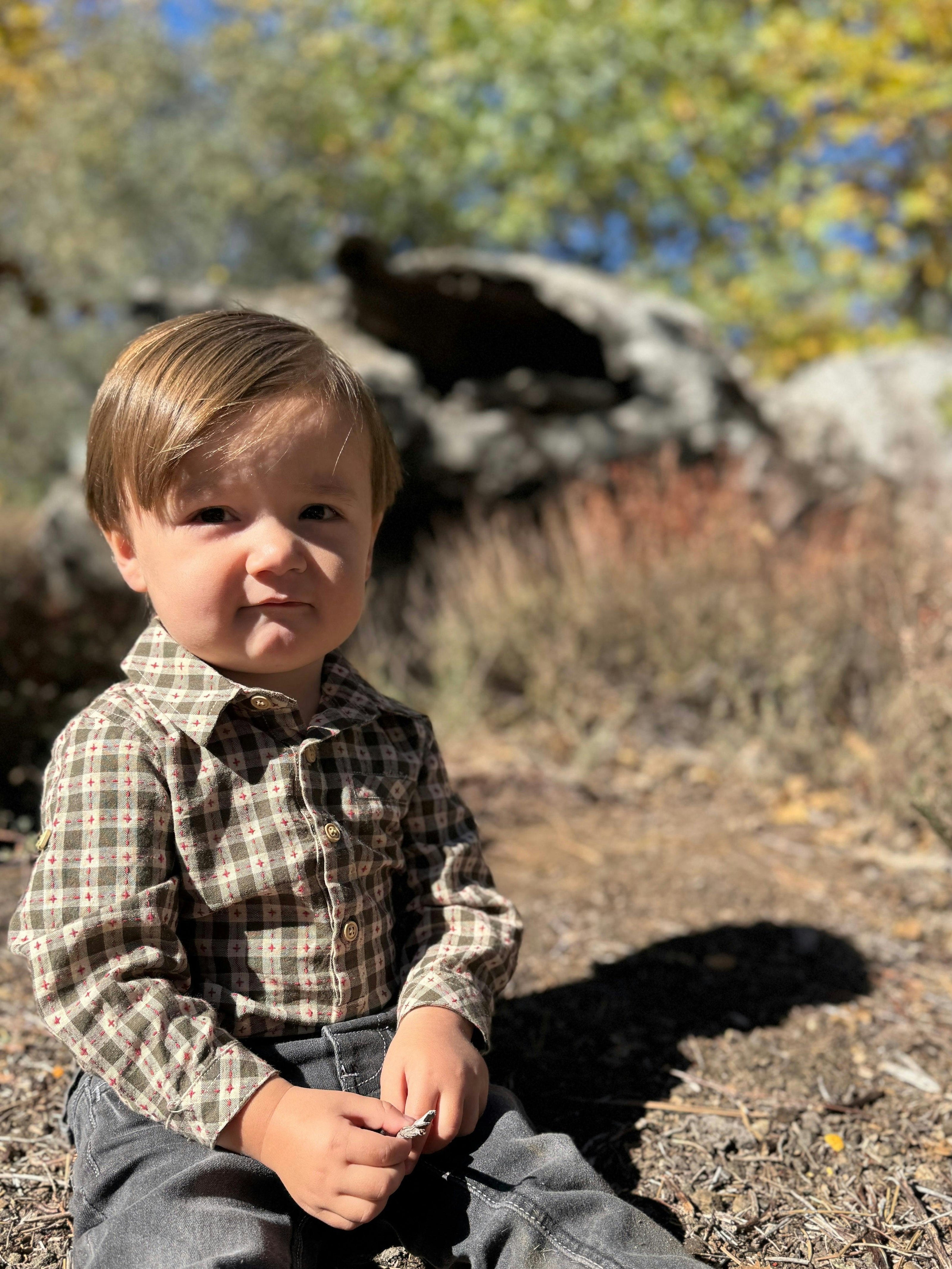 JASPER Sage/Rust Stitch Plaid Woven Onesie