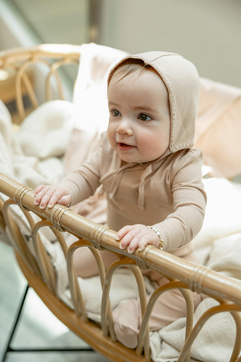 Wrap Snap Front Knit Romper and Bonnet Two Piece Set