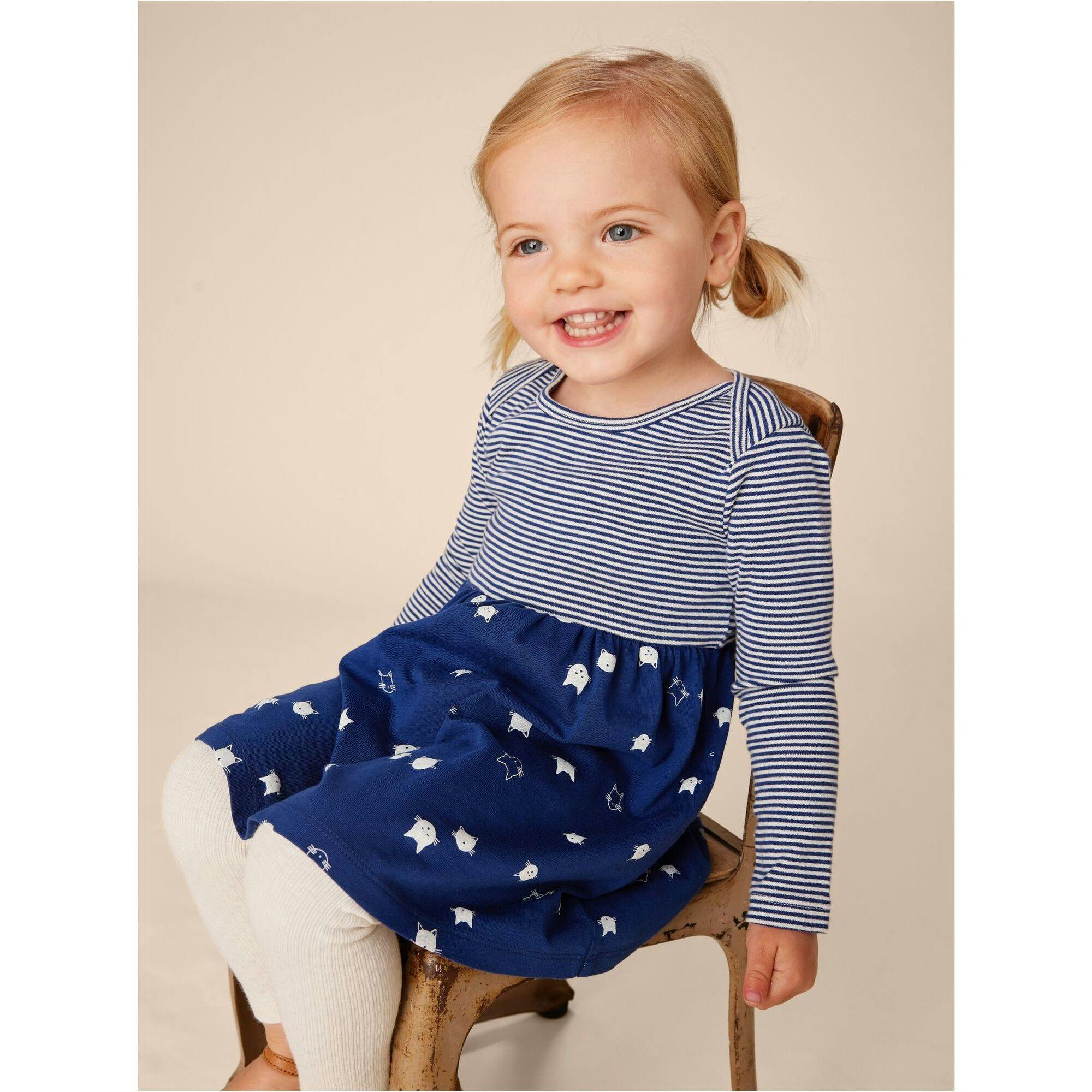 Babys Mix Print 2-Tone Long Sleeve Skirt Dress, Blue