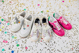 Packed Party Lace Bows and Gold Charms Shoe Charm Set 5pc - Lace Bow, Gold Star, Heart Charm, and Beaded Flower with Lobster Clips for Sneakers, 2.75x3.3 Inch