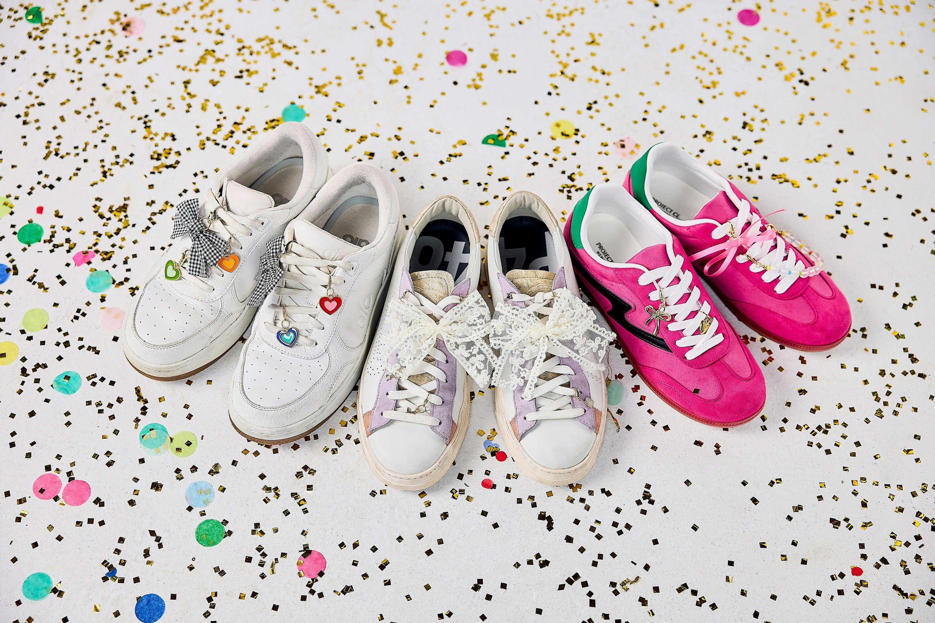 Packed Party Lace Bows and Gold Charms Shoe Charm Set 5pc - Lace Bow, Gold Star, Heart Charm, and Beaded Flower with Lobster Clips for Sneakers, 2.75x3.3 Inch