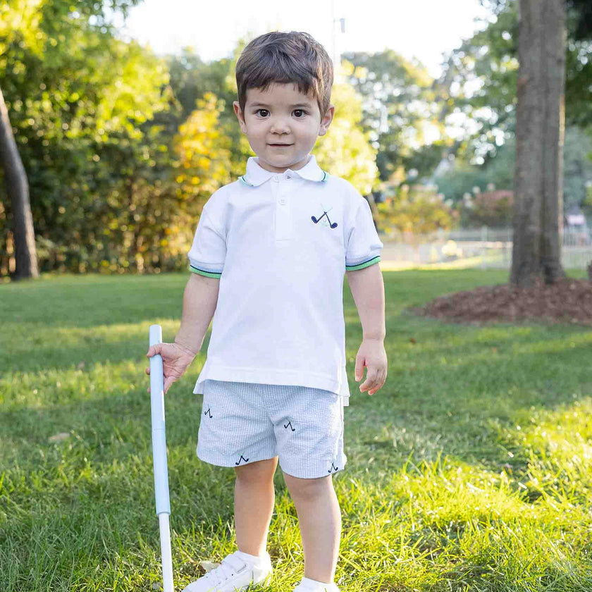 Check Seersucker Short With Golf Clubs