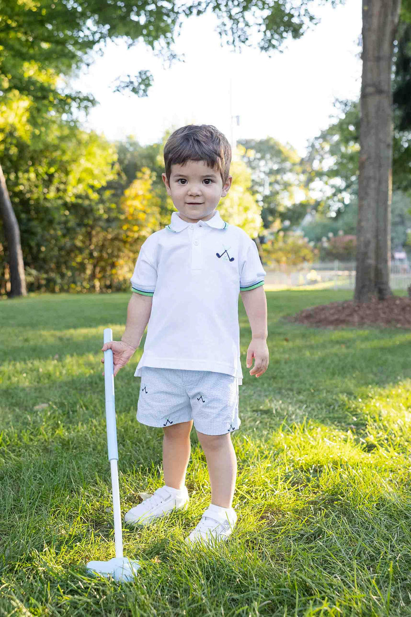 Check Seersucker Short With Golf Clubs