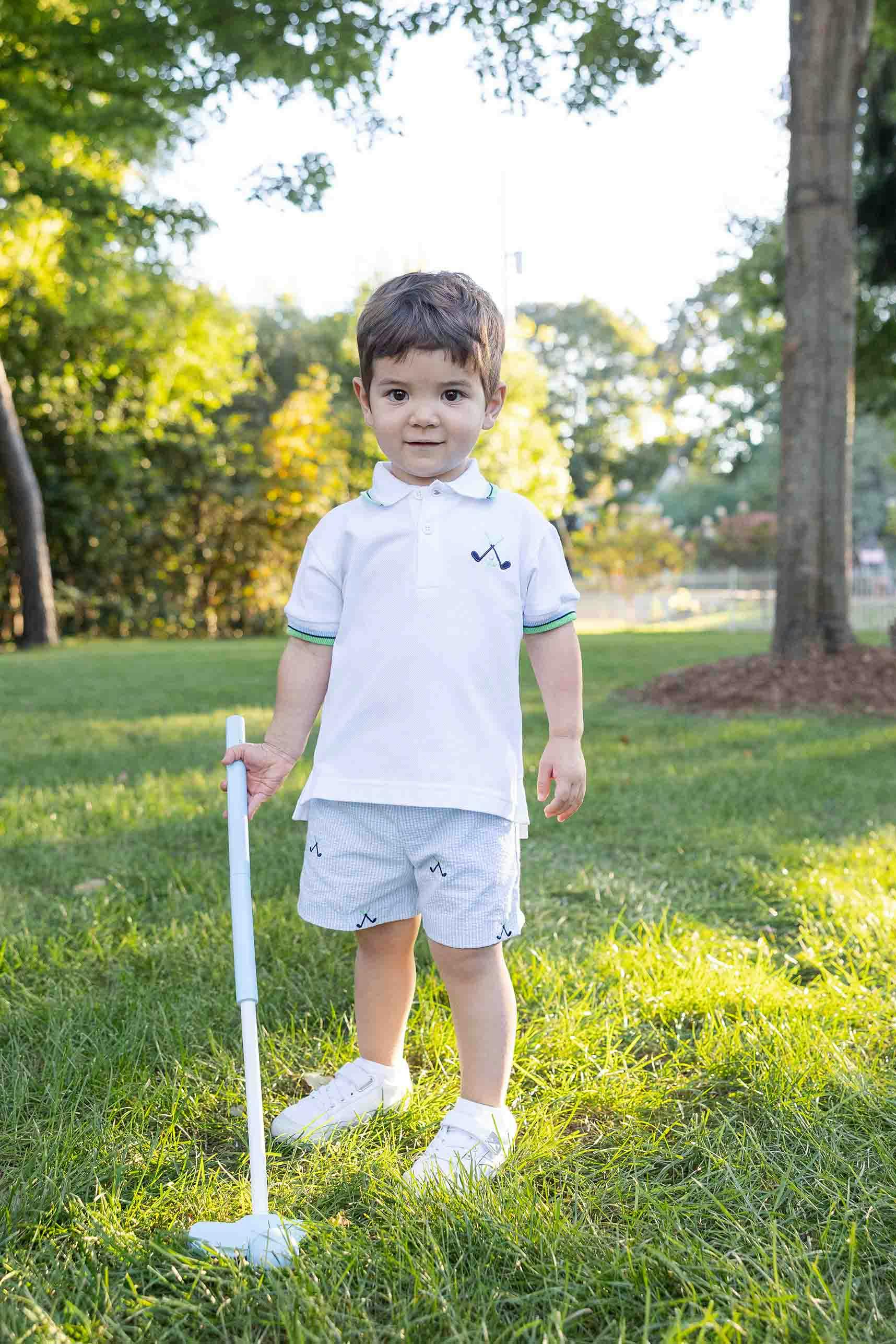 Check Seersucker Short With Golf Clubs