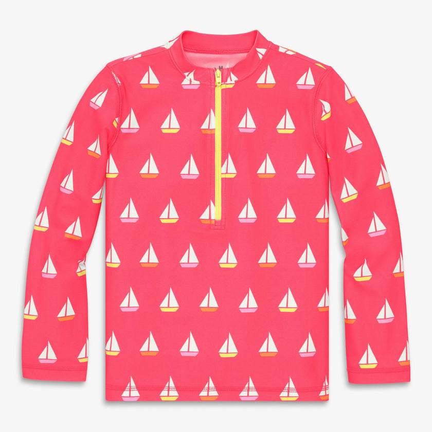Clearance kids long sleeve half-zip rash guard in sailboats