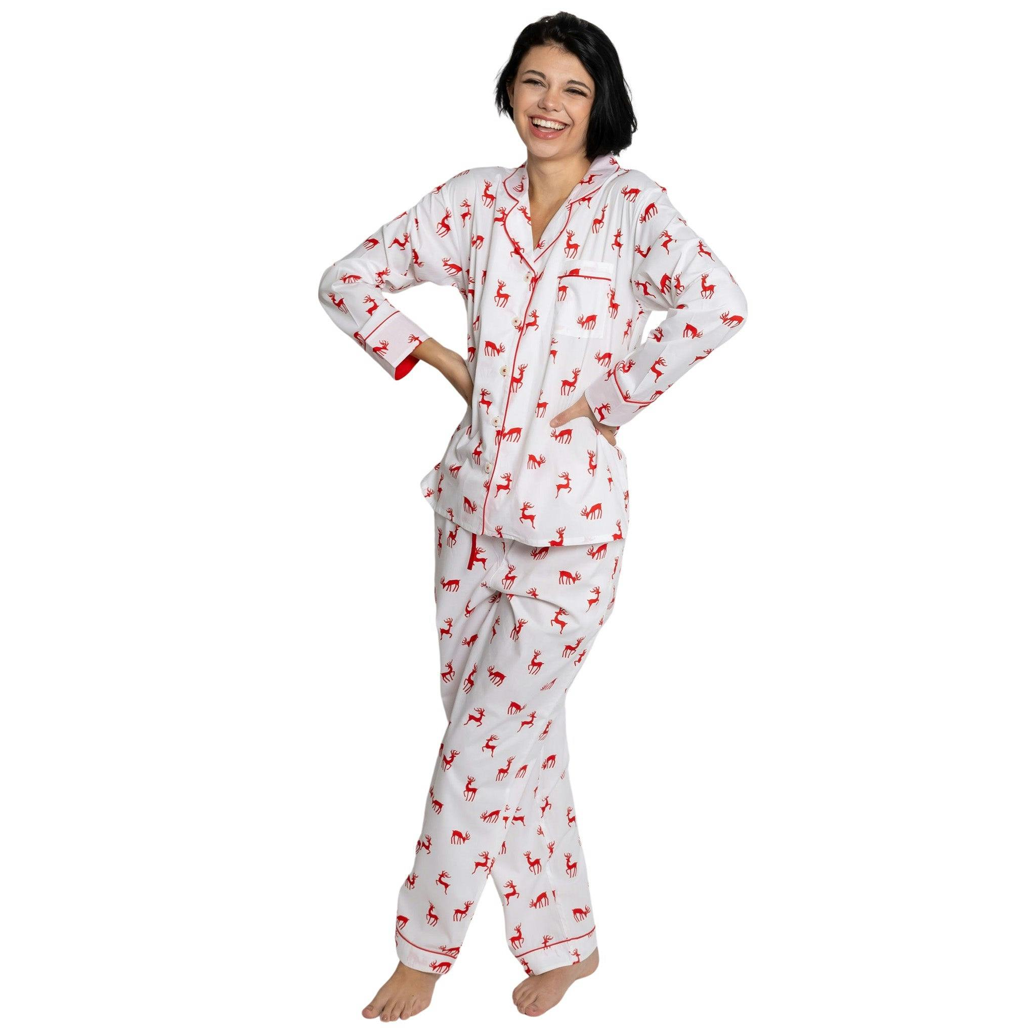 Women's Reindeer Red Long PJ Set - Organic Cotton Poplin