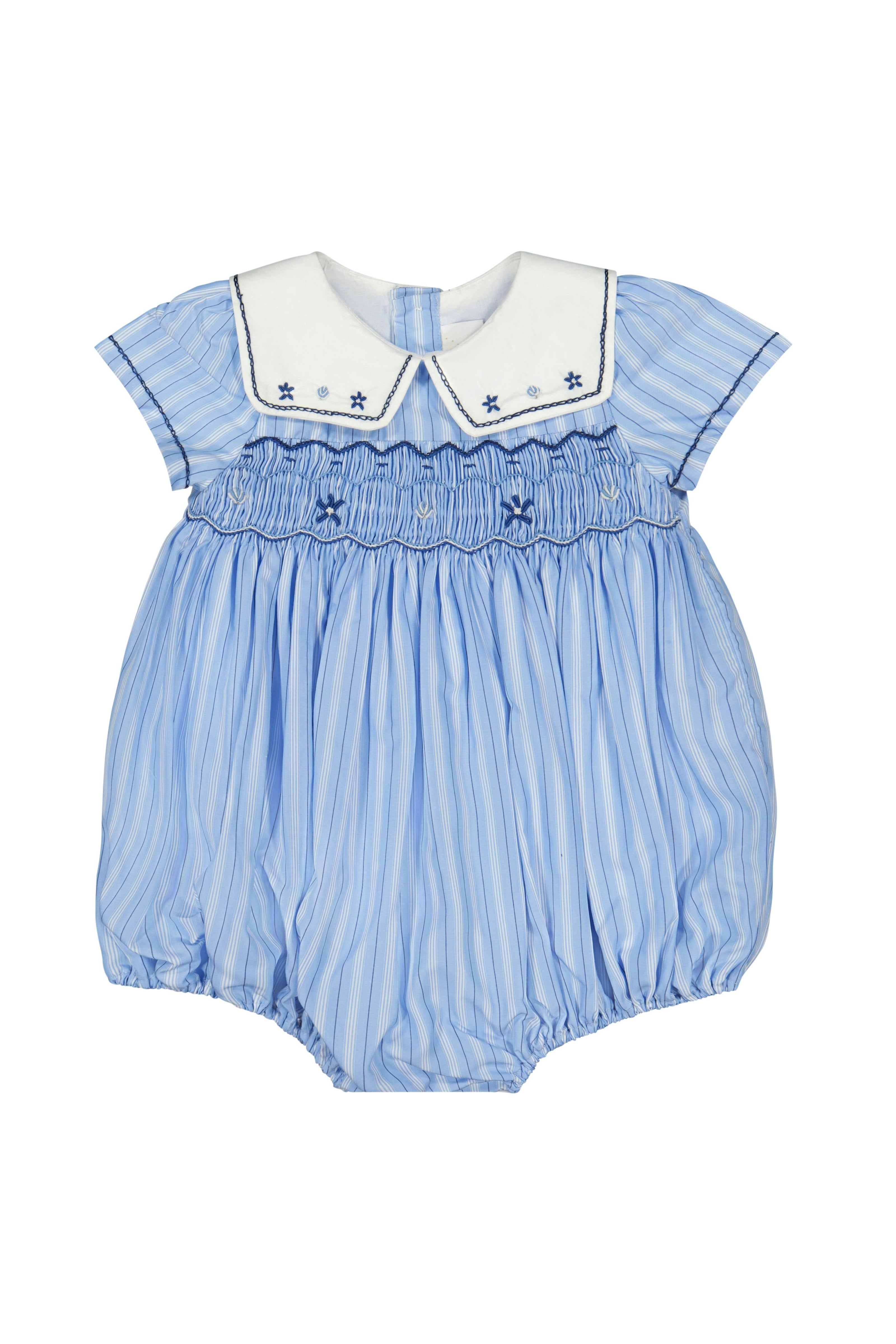 Riviera Blue Stripe Smocked Bubble Romper