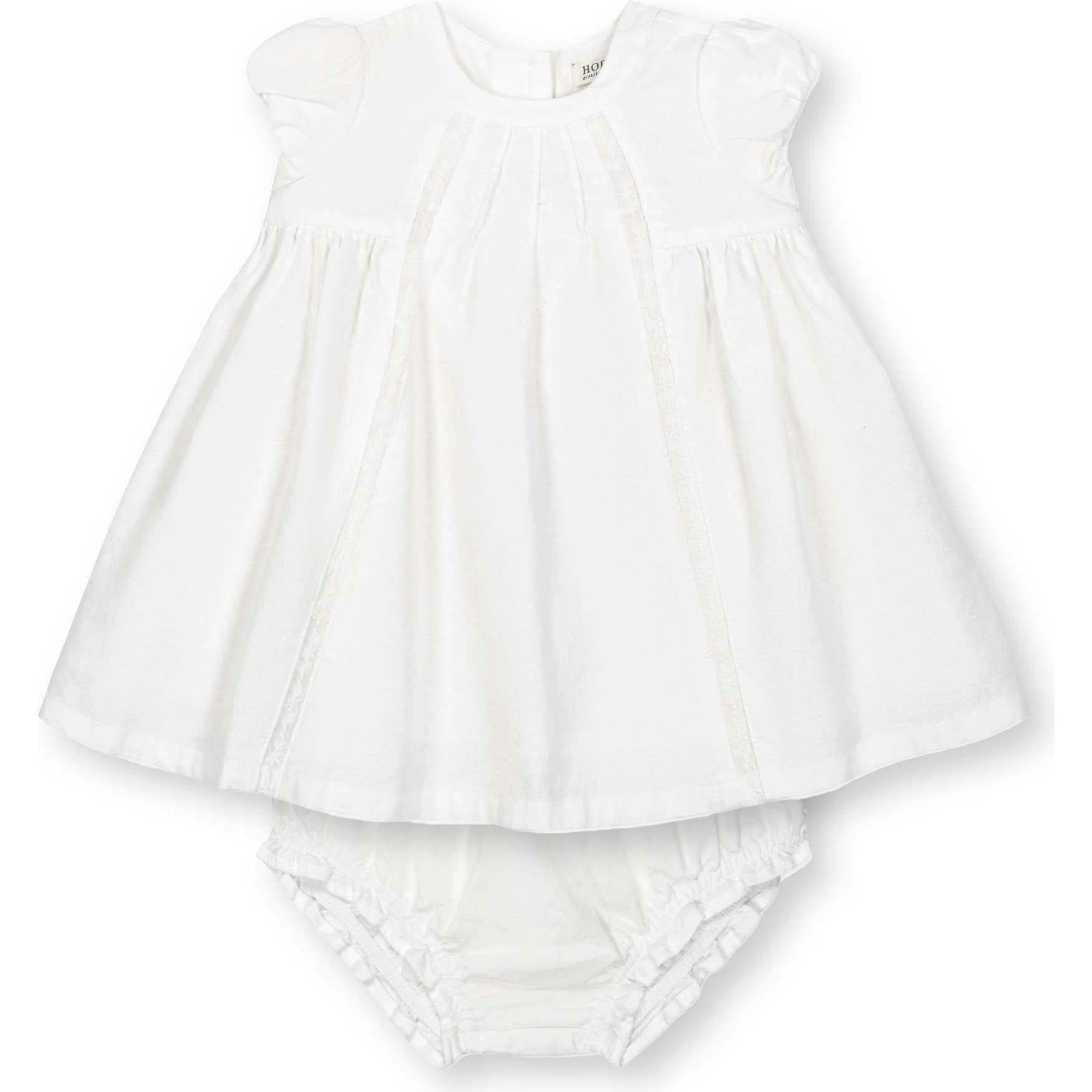 Short Sleeve Special Occasion Linen Pintuck Dress, White