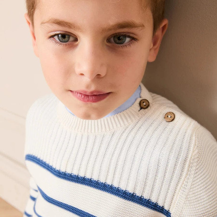 Striped Crewneck Ribbed Detail Blue & White Striped Jumper in Navy (12mths- 10yrs)