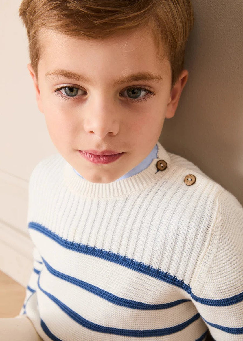 Striped Crewneck Ribbed Detail Blue & White Striped Jumper in Navy (12mths- 10yrs)