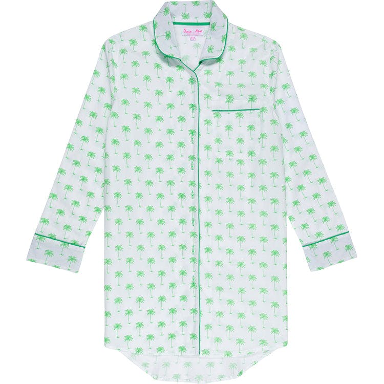 Women's Green Palm Tree Night Shirt - Organic Cotton Poplin