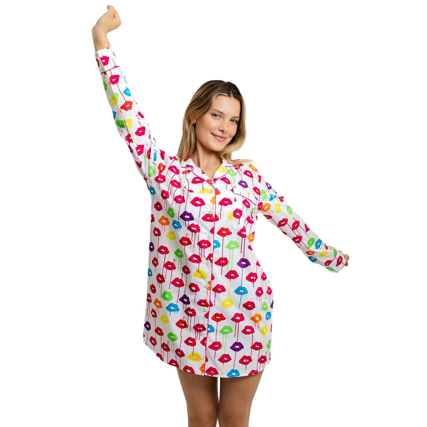 Women's Drawbertson Drippy Lips Night Shirt - Organic Cotton Poplin
